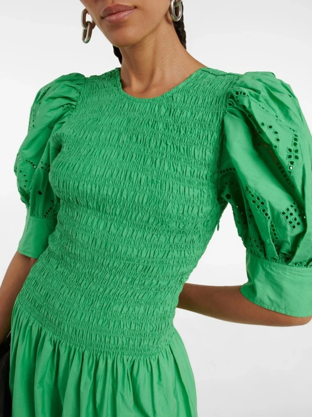 Ganni Women’s Kelly Green Broderie Anglaise Cotton Midi Dress—10/12